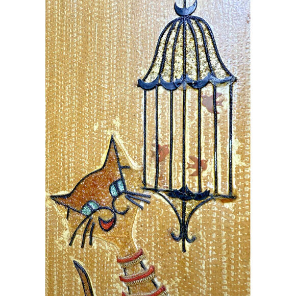 1960s Gravel Art Mosaic MCM Wall Hanging Panels Cat Fishbowl Birdcage 18” - Picture 11 of 15